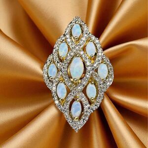 10K Gold- Natural Opal & Diamond Cocktail Ring -Size 7- Cluster Navette -4.2g